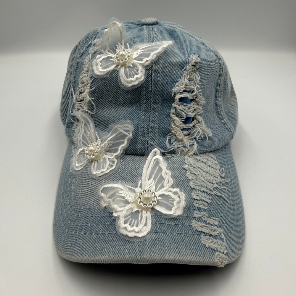 Distressed Denim Butterfly Baseball Cap Light Wash Blue Lace Pearl Accents Hat